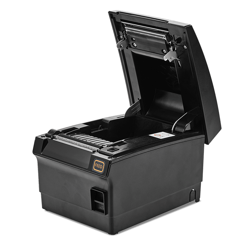 Bixolon SRP-F310II kitchen-proof thermal POS receipt printer, dual-band Wi-Fi, black (SRP-F310IICOWDK) – cover open for drop-in paper loading