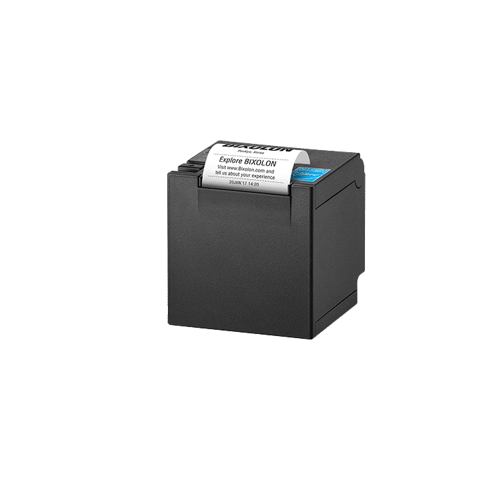 Bixolon SRP-Q200 compact thermal POS receipt printer, Ethernet + dual-band Wi-Fi, black (SRP-Q200EWDK) – 3/4 view with receipt
