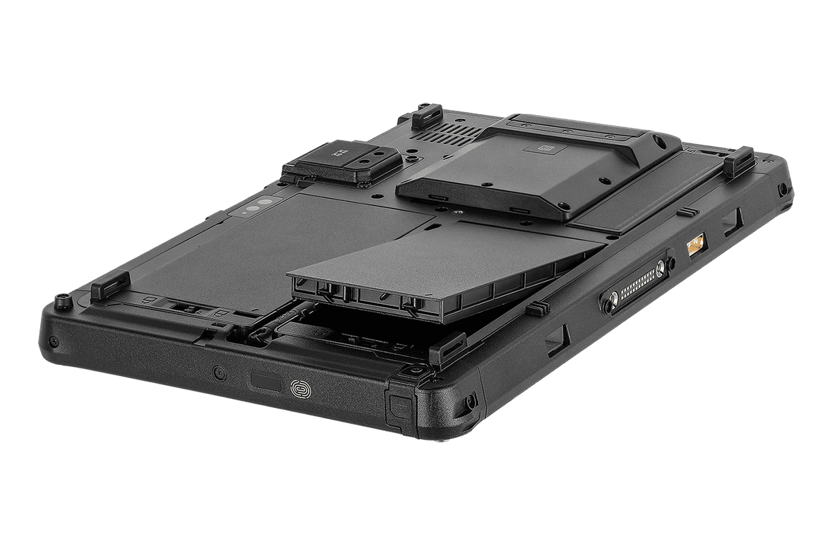 Getac F110 G7 rugged 11.6-inch tablet (FTA154JI1XXX) – back view with hot-swap batteries