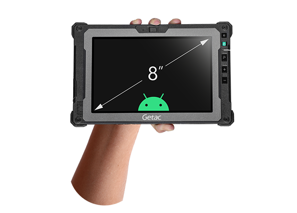 Getac ZX80 8" rugged Android tablet, without barcode scanner (Z8A7LXDX17XC) – held in hand