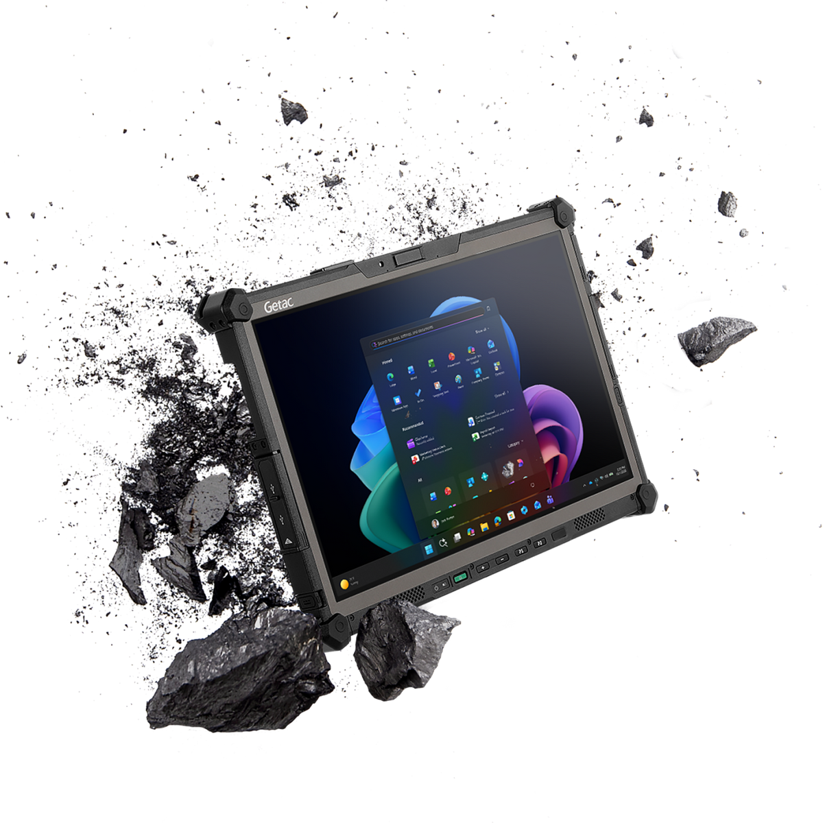 Getac G140 14" rugged tablet with 1D/2D barcode reader (GX2764WI1DCX) – angled view