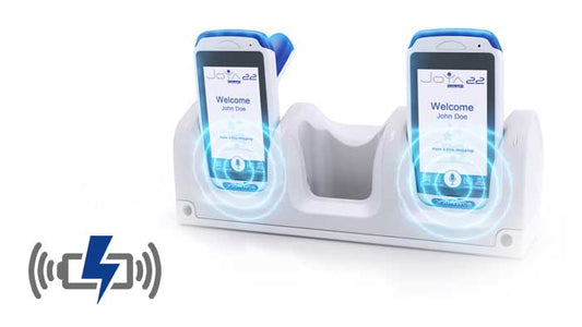 Datalogic Joya Touch 22 self-shopping Android handheld terminal, grey/blue, handheld (911400002) – in wireless charging cradle