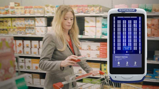 Datalogic Joya Touch 22 self-shopping Android handheld terminal, grey/blue, pistol grip (911400001) – in use for self-scanning in store