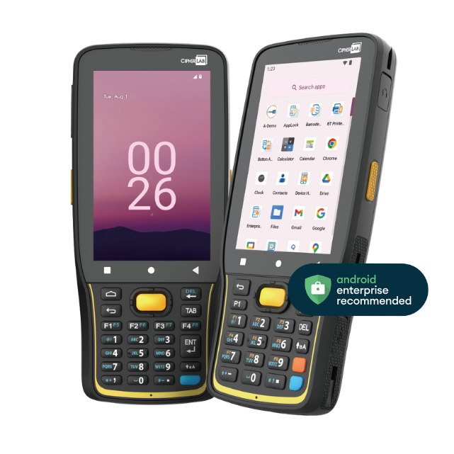 CipherLab RK26 rugged Android mobile computer, 28-key numeric/function keypad, Wi-Fi, 2D imager (medium range, SE4750) (AK266M4DFNG41) – front and angled view