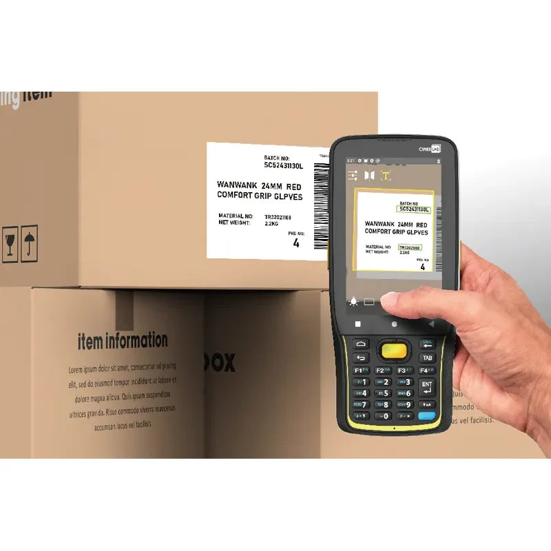 CipherLab RK26 rugged Android mobile computer, 28-key numeric/function keypad, Wi-Fi + 4G LTE, 2D imager (SE5500) (AK26EA4DFNG41) – scanning a label