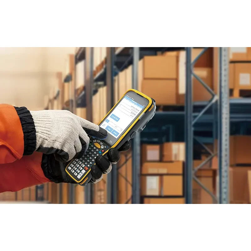 CipherLab RK96 Wi-Fi 7 industrial Android mobile computer, pistol grip, 53-key alphanumeric keypad, 2D imager (extended range, SE5800) (AK96N5F65XSG1) – alphanumeric keypad in use