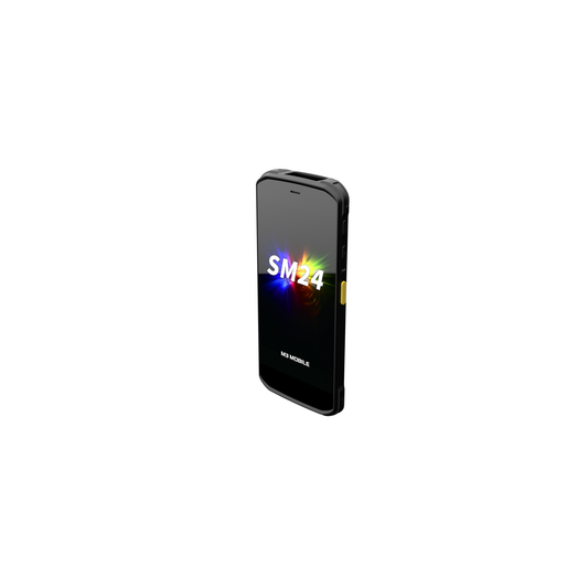 M3 Mobile SM24 X rugged Android full-touch mobile computer, 6" display, 2D imager, 4G LTE, black (SM244E-W2CHSS-HF) – angled view