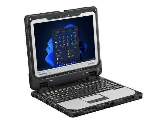 Panasonic TOUGHBOOK 33 mk4 fully rugged 12-inch 2-in-1 tablet with detachable German (QWERTZ) keyboard (CF-339Z00FB4) – angled view in laptop mode