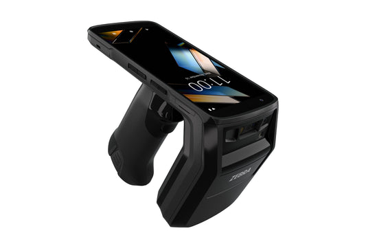 Zebra TC22R rugged Android mobile computer, integrated UHF RFID reader (TC2205-0G1250SS-E8) – top angled view with RFID handle