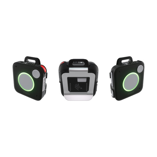 Zebra WS101 wearable communication device, retail model (black) with 3.5 mm jack and USB-C (WS1013-0NS00042EWR) – front, back and side views